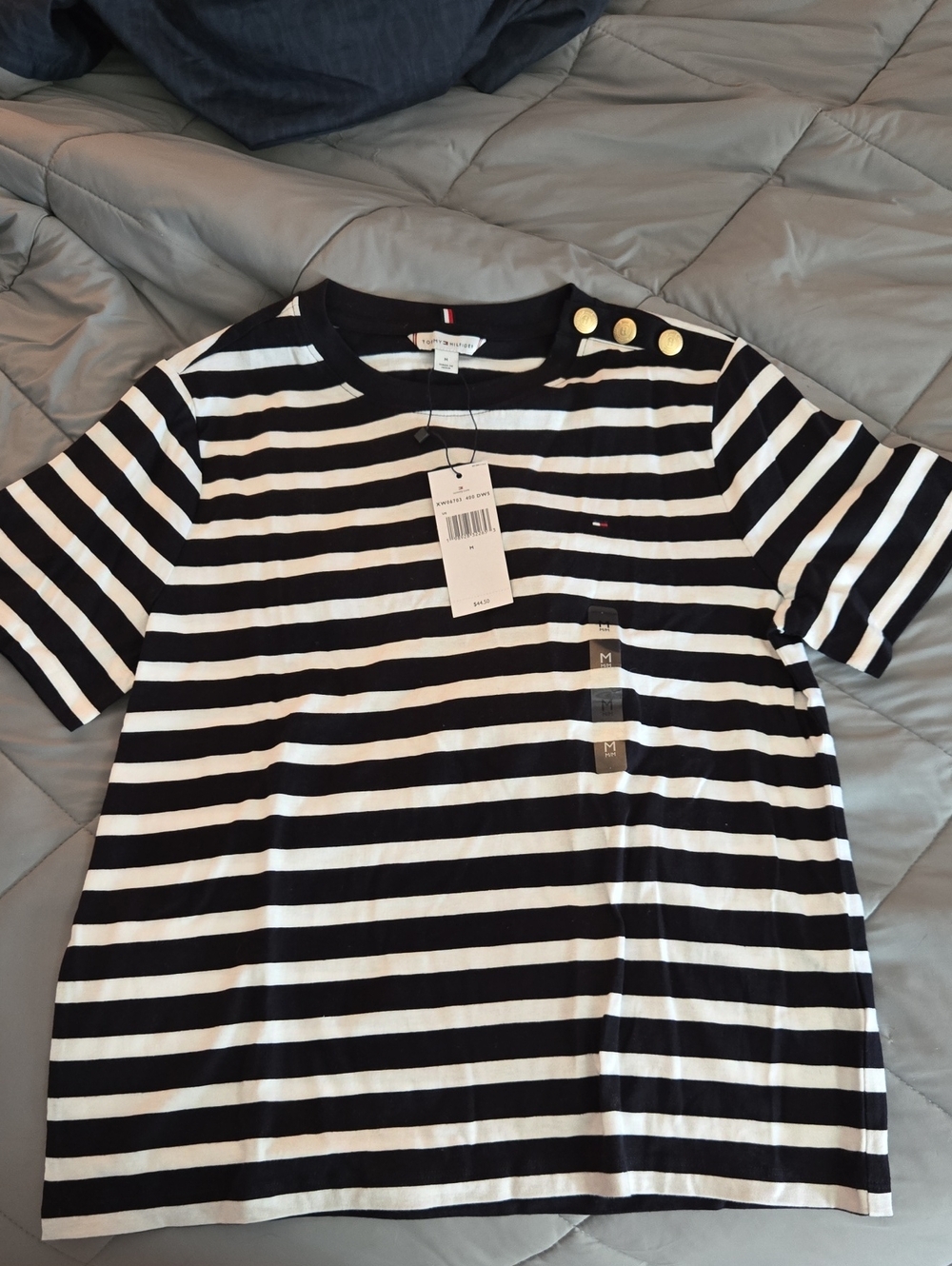 Tommy Hilfiger Blue & White Striped Button-Shoulder Tee